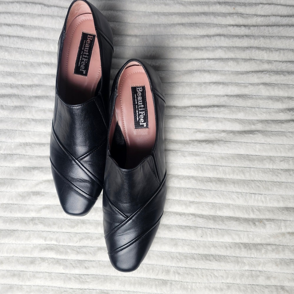BeautiFeel Black Leather Slip On Kitten‎ Heel Pumps Shoes Office Career Luxury